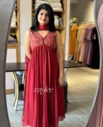 Crimson Red Zari Embellished Gathered kurta - Image 5