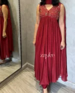 Crimson Red Zari Embellished Gathered kurta - Image 4