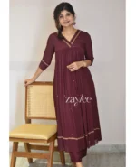 Deep Brown Gathered Kurta with Scalloped Neckline - Image 5