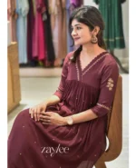 Deep Brown Gathered Kurta with Scalloped Neckline - Image 6