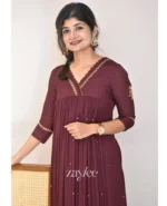 Deep Brown Gathered Kurta with Scalloped Neckline - Image 4