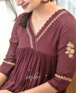 Deep Brown Gathered Kurta with Scalloped Neckline - Image 3