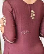 Deep Brown Gathered Kurta with Scalloped Neckline - Image 2