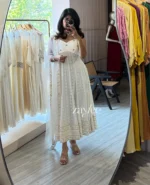 Off White Chikankari Panel Anarkali & Net dupatta - Image 5