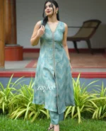 Slate Blue Embellished Front Slit Kurta - Image 2
