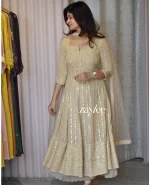 Beige Embellished Chikankari Anarkali - Image 3